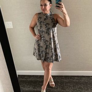 Tan floral trapeze dress, sleeveless